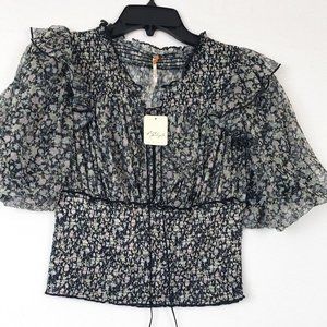 NWT Free People Beatrice Floral Top Puff Short Sleeves Split Neck Size: XS